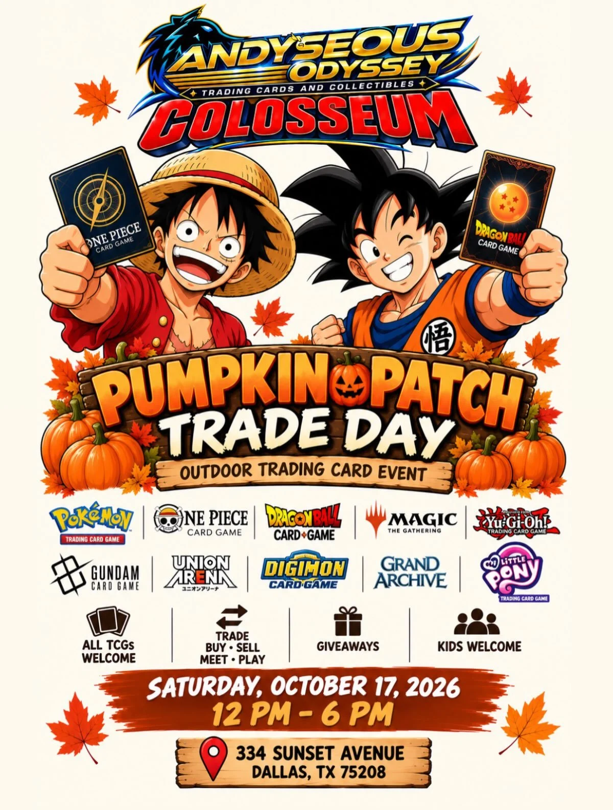🎃 Pumpkins, cards &amp; good vibes!

Join us for Pumpkin Patch Outdoor Trade Day at ANDYSEOUS COLOSSEUM! Bring your binders, your friends, and come trade, shop &amp; hang out! 🍂✨ Everyone&rsquo;s welcome!

🗓 Saturday, October 17
⏰ 12&ndash;6 PM
📍