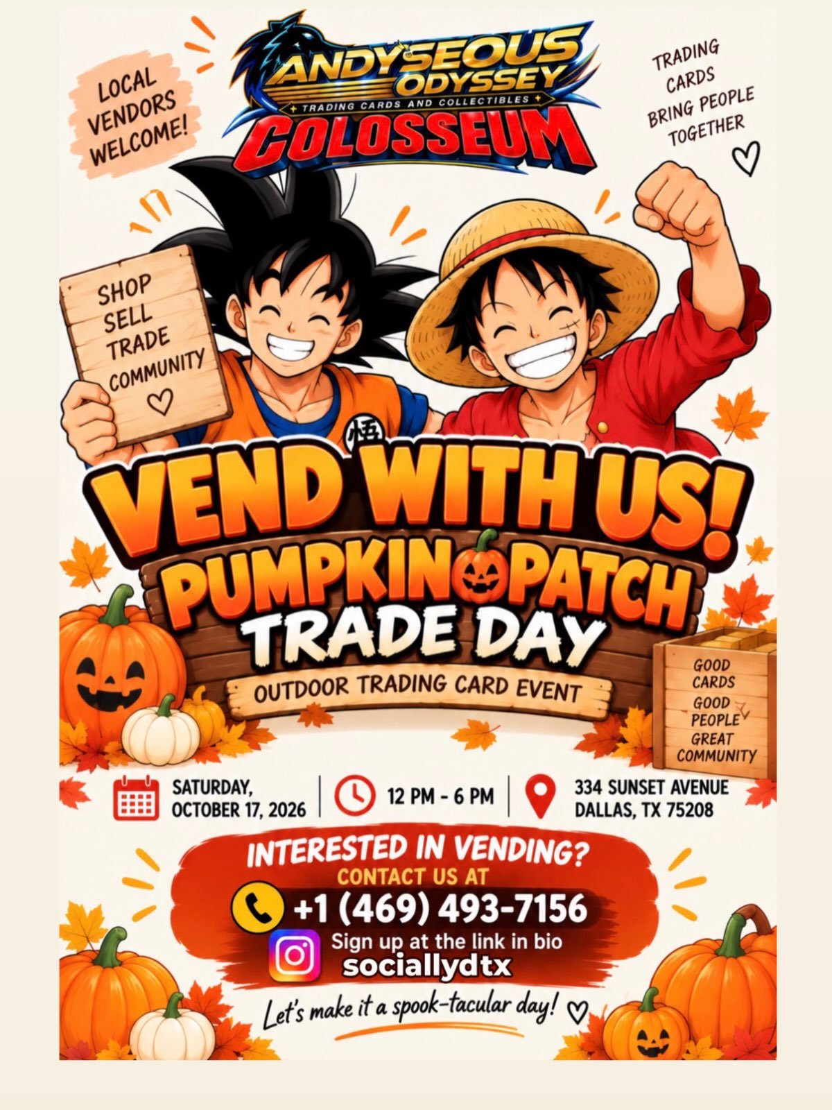 🎃 FREE VENDOR SIGN-UP 🎃
Join us for our upcoming Pumpkin Patch Trading Card Event! 🍂🃏
We&rsquo;re inviting local vendors, collectors, small businesses, and card enthusiasts to vend with us for FREE!

https://forms.gle/efzsibfdB2TNo1Gh9