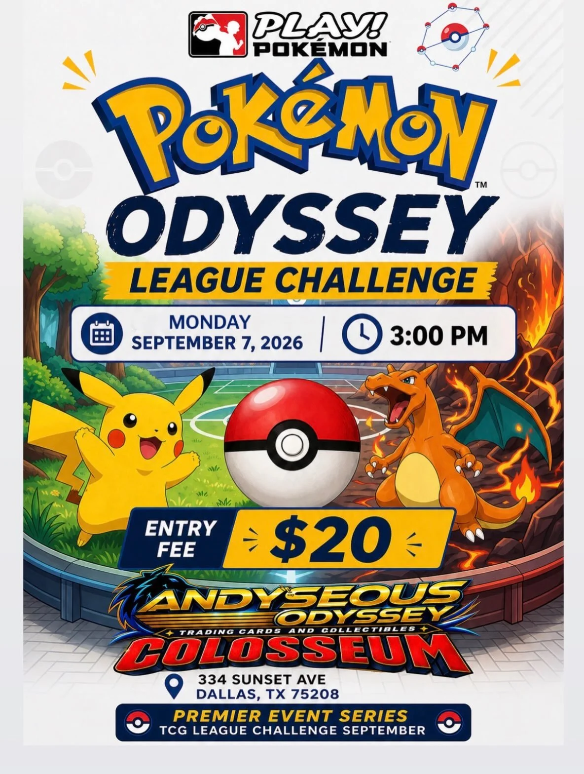 🏆 Pok&eacute;mon Odyssey League Challenge
📅 Monday, Sept. 7 | 3 PM
📝 Register in person!

⚡ Battle. Win. Become Champion! 🏆

#PokemonOdyssey #LeagueChallenge #pok&egrave;mon