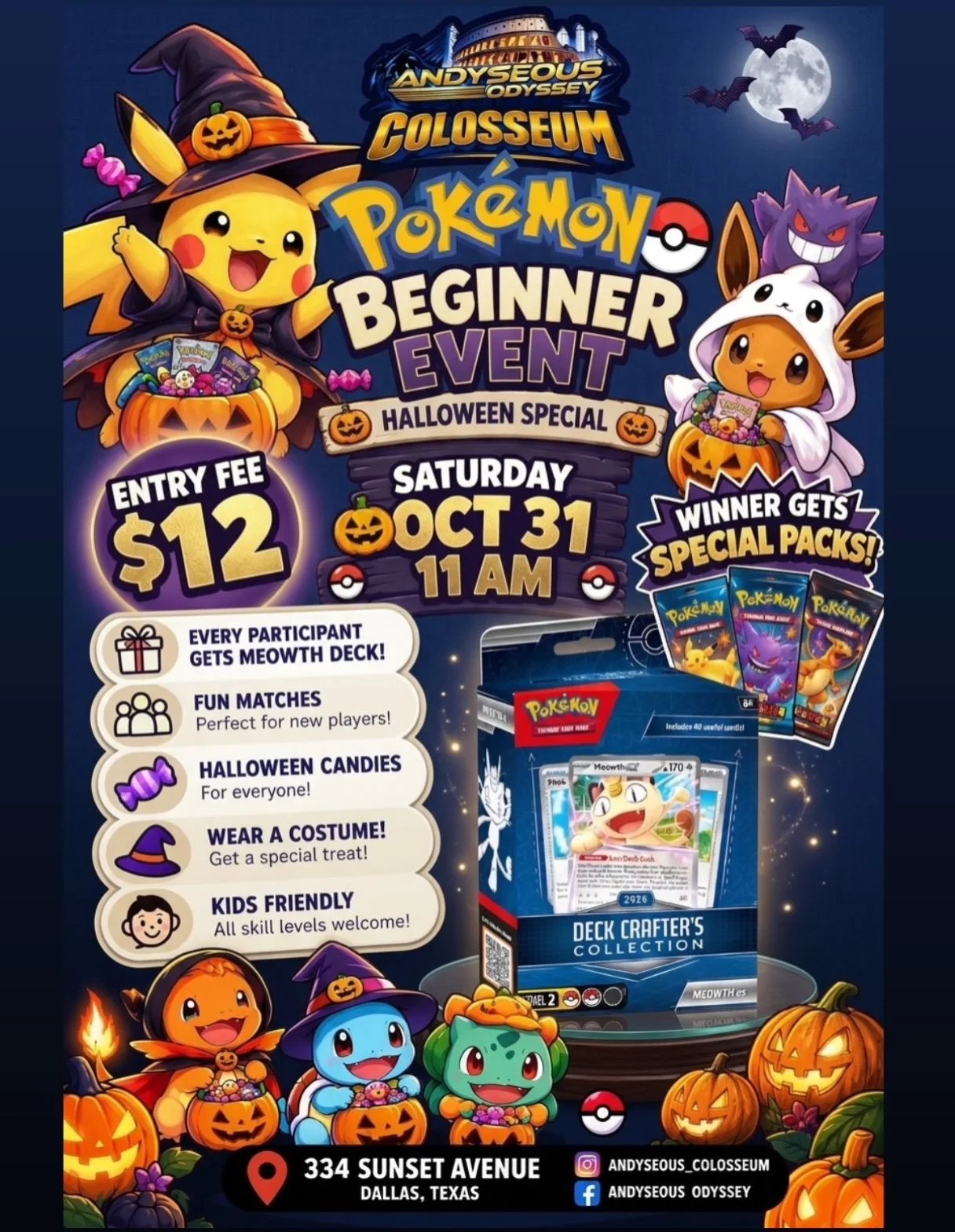 🎃⚡ Pok&eacute;mon Halloween Fun! 🍬👻
Join us this October 31 for a fun Pok&eacute;mon Beginner Event for the whole family! 👨&zwj;👩&zwj;👧&zwj;👦 Perfect for kids and beginners, with Pok&eacute;mon fun and sweet candy treats! 🍭✨ DM for more info 