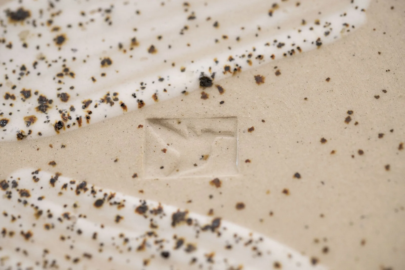 Close-up of a beige premium chocolate bar with a partial snowflake logo engraved in the center, topped with specks of black and dark brown cocoa powder.
