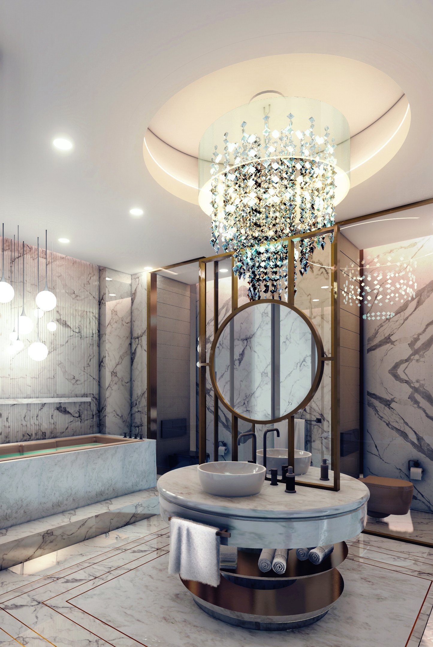 Luxurious bathroom interior with marble walls and floors, a round mirror above a double sink vanity, a modern chandelier, and a marble bathtub.