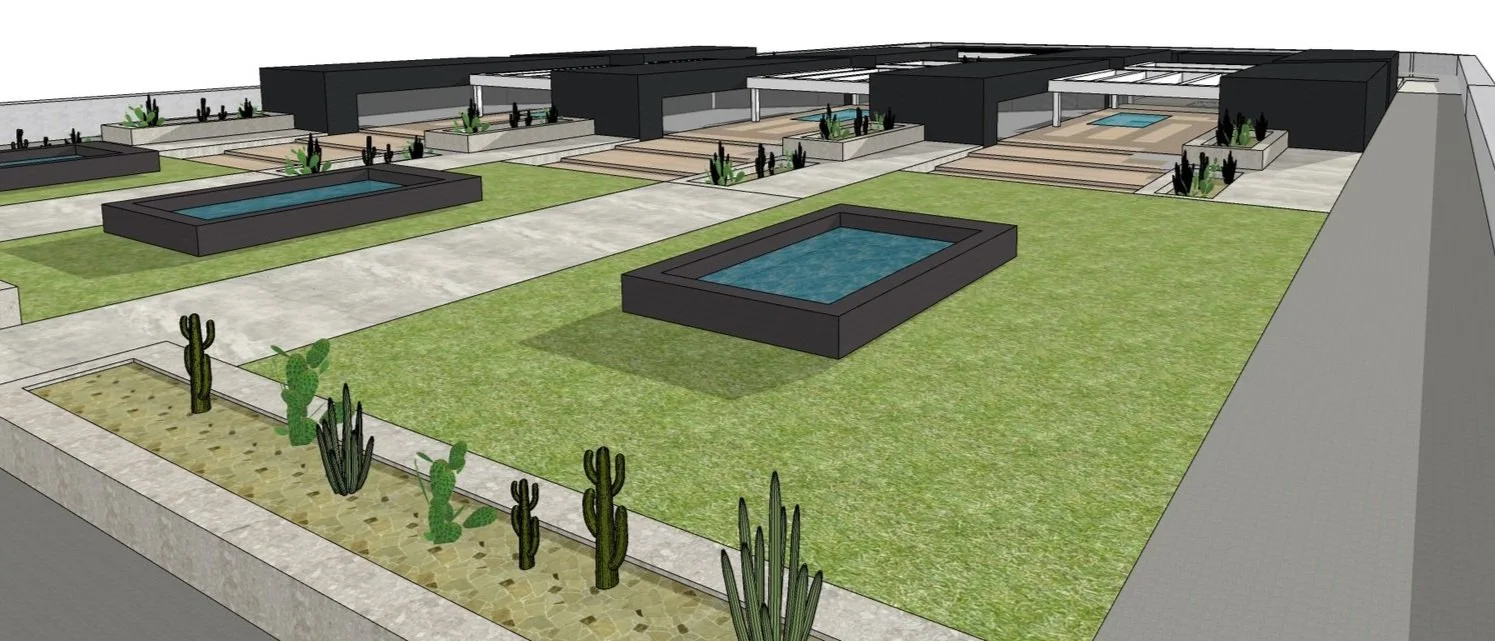 Modern minimalist architectural design with grassy areas, rectangular water features, scattered plants, and geometric pathways.