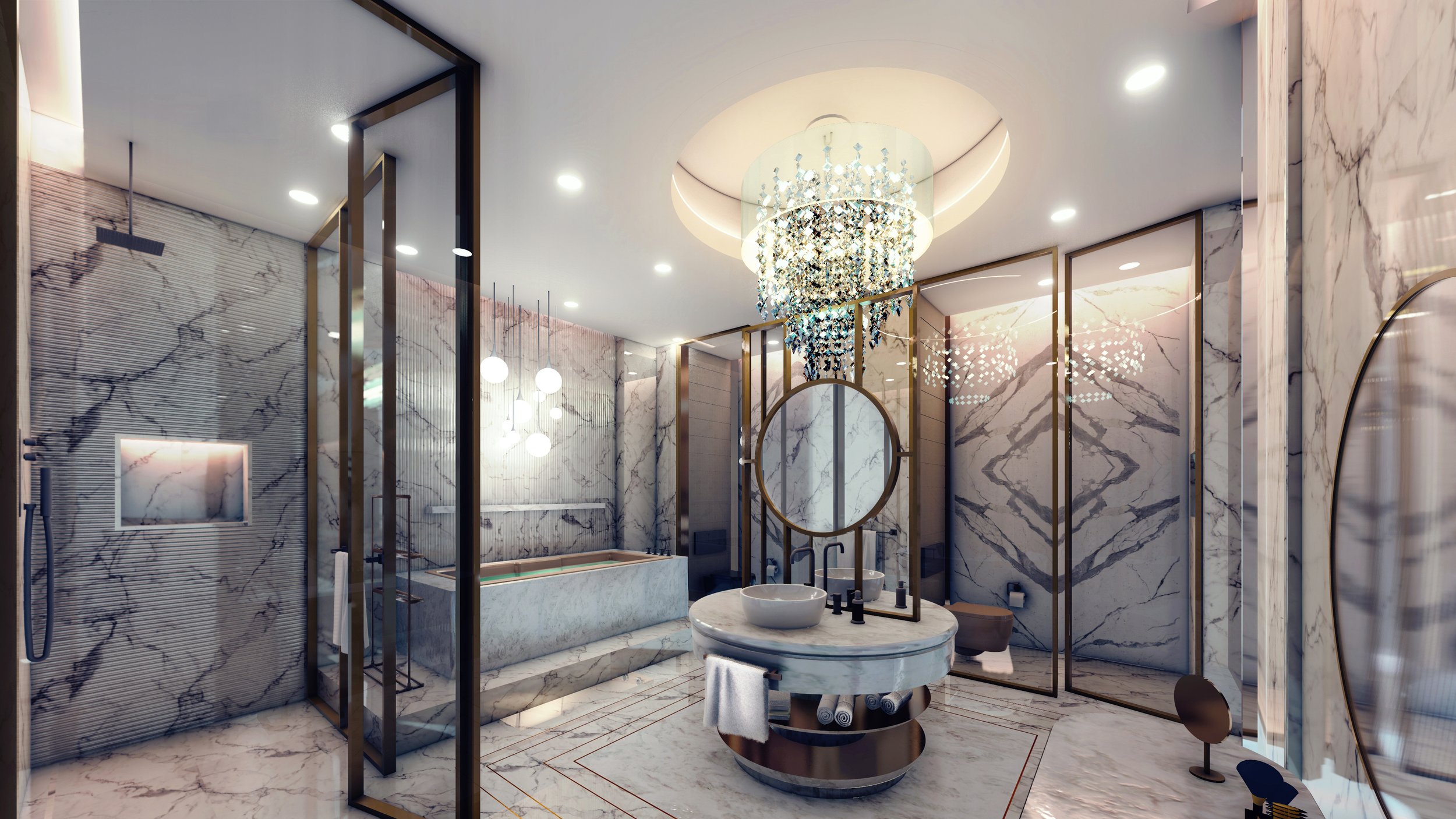 Luxurious bathroom with marble walls, circular vanity with double sinks, chandelier, and modern decor.