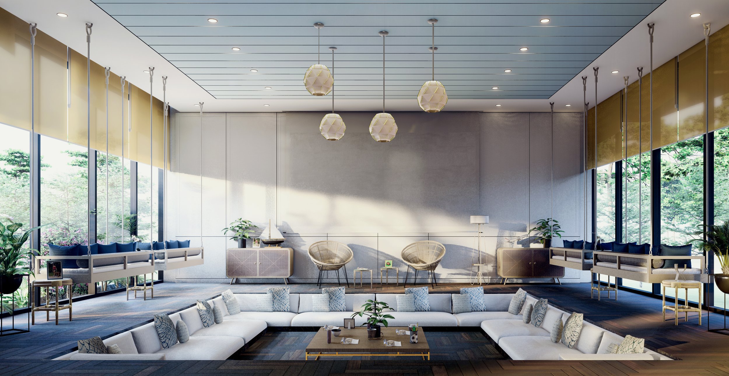 Modern living room with floor-to-ceiling windows, sunken seating area, hanging sofas, and geometric pendant lights.