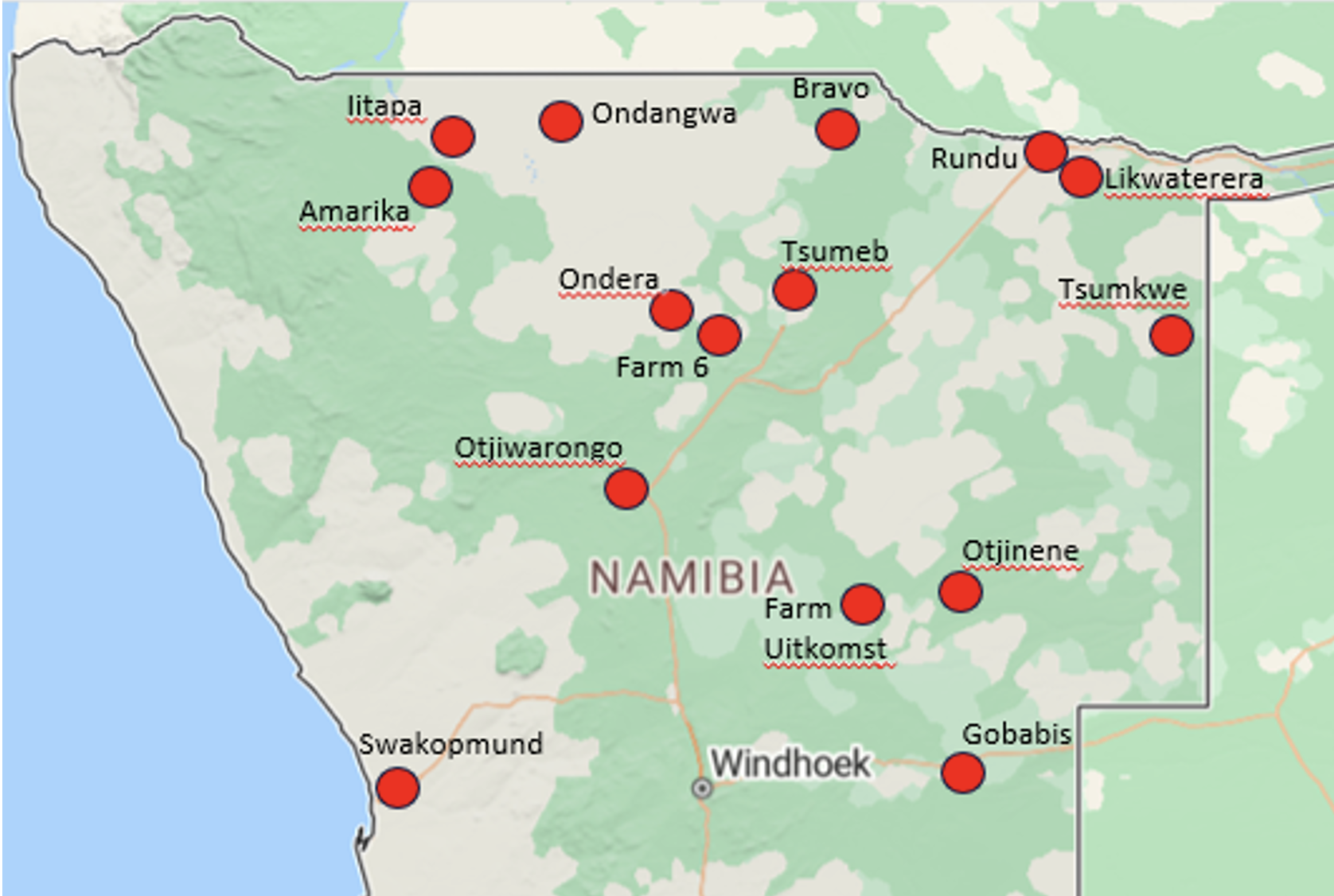 Dots indicate main areas of investment in Namibia