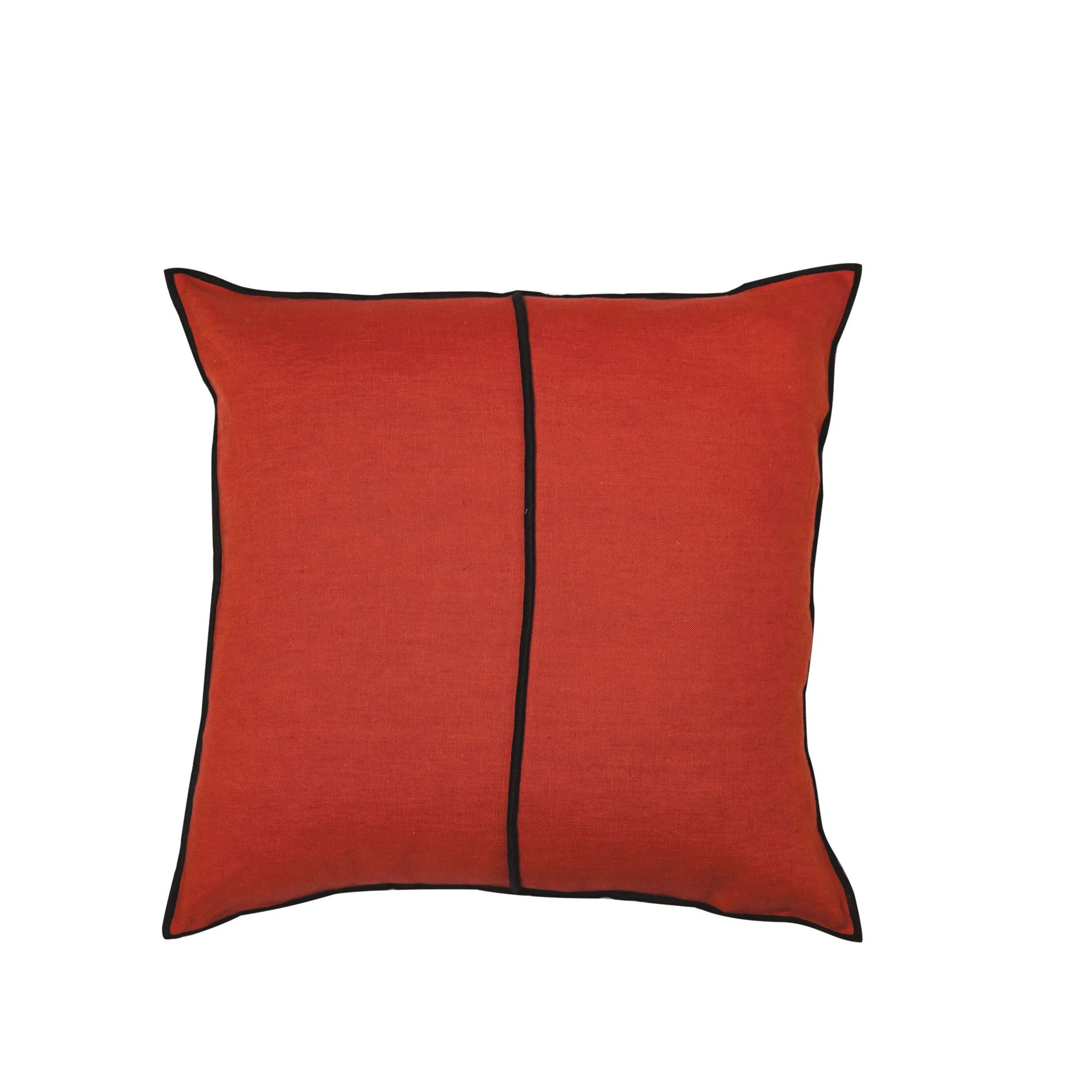 Maison Casamance Linen Orange sanguine cushion, 45 × 45 cm square, front view with black bourdon stitch
