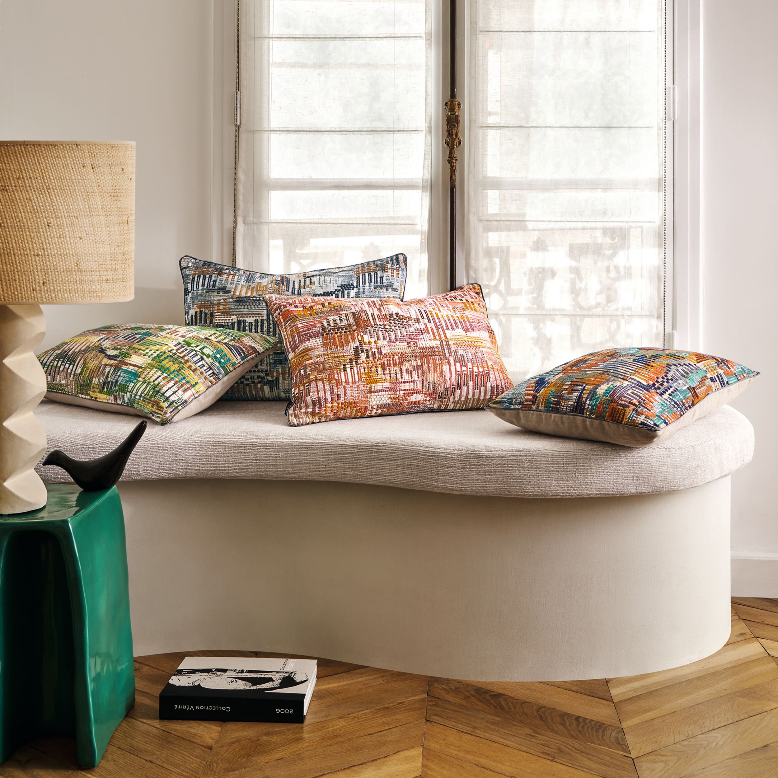 Point de vue embroidered cushion group by Maison casamance