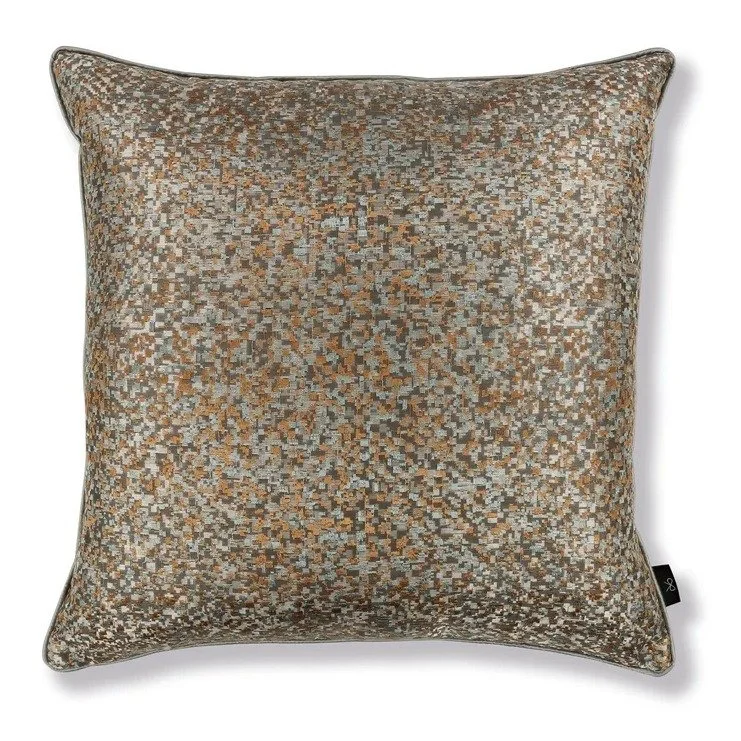 Arazzo embroidered jacquard cushion by Black Edition in Agate, grey, silver and gold pixel mosaic