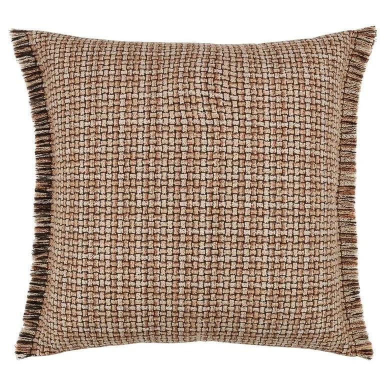 Ruban fringed cushion by Black Edition in Mehndi, henna brown and cream basket weave