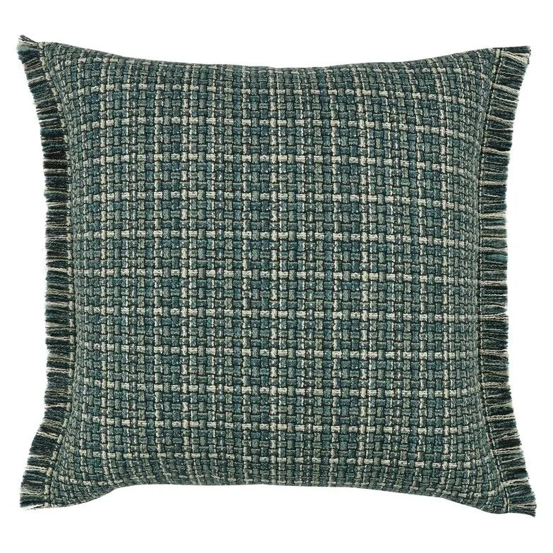 Ruban fringed cushion by Black Edition in Teal, blue-green and cream basket weave