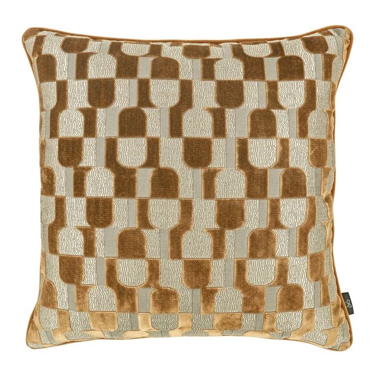 Arkose jacquard velvet cushion by Black Edition in Cumin, golden ochre arches on pale silver