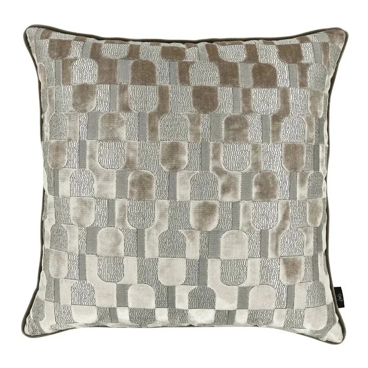 Arkose jacquard velvet cushion by Black Edition in Pumice, taupe arches on pale silver grey
