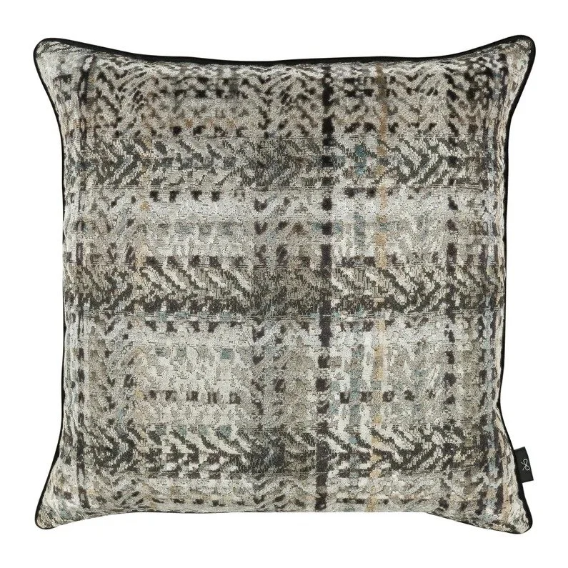 Zurana check cushion by Black Edition in Oxide, charcoal and silver check on velvet
