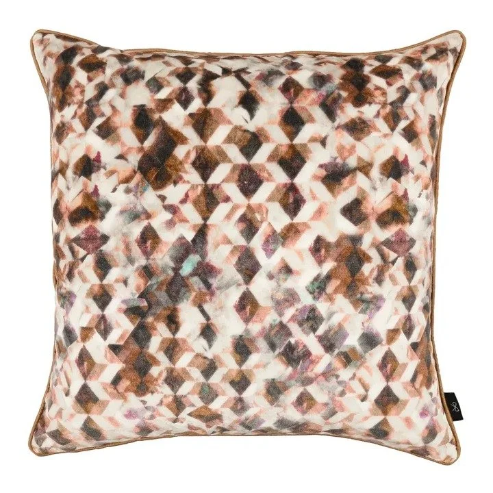 Kaleido printed velvet cushion by Black Edition in Rosewood, blurred pink and brown diamonds