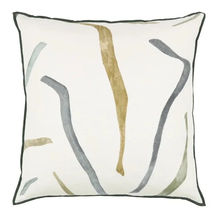 Contour printed linen cushion by Black Edition in Indium, slate blue and gold brushstrokes on white