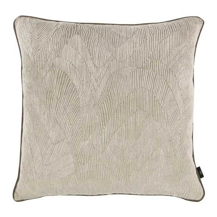 Onuma flock velvet cushion by Black Edition in Buff, fine tonal lines on putty beige velvet