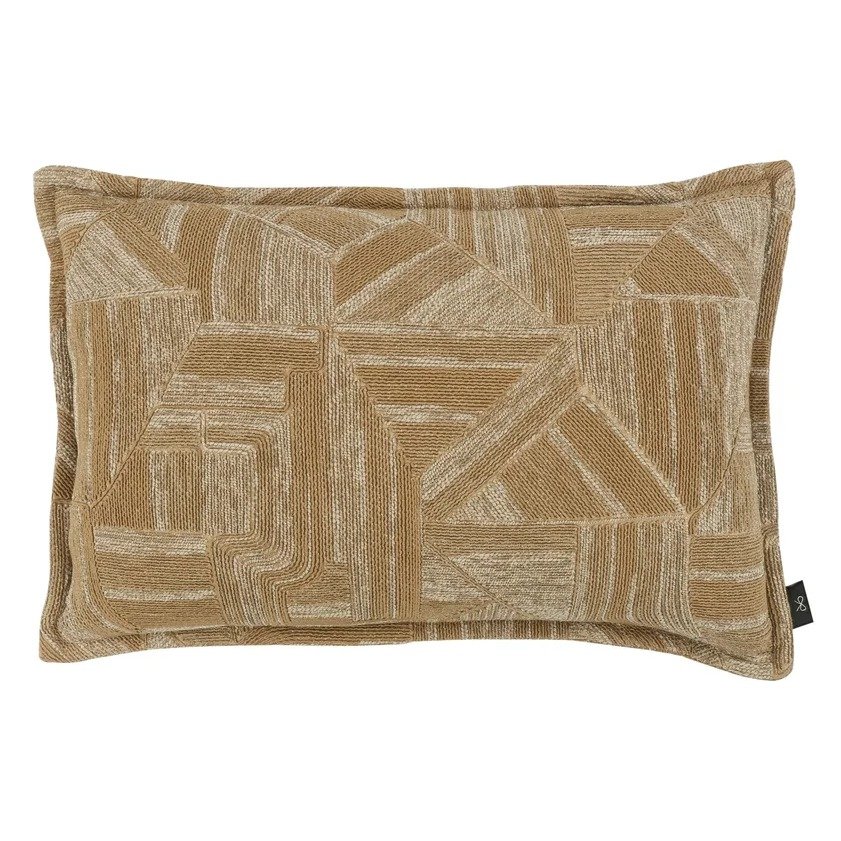 Modulo embroidered cushion by Black Edition in Anise, camel and cream geometric panels