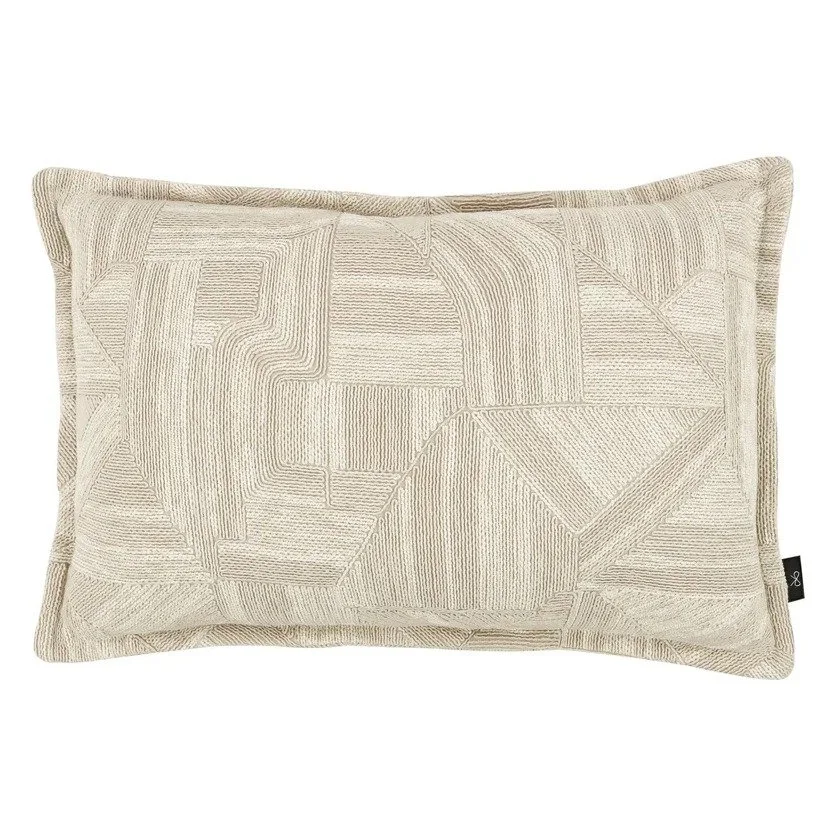 Modulo embroidered cushion by Black Edition in Pampas, ivory and pale grey geometric panels