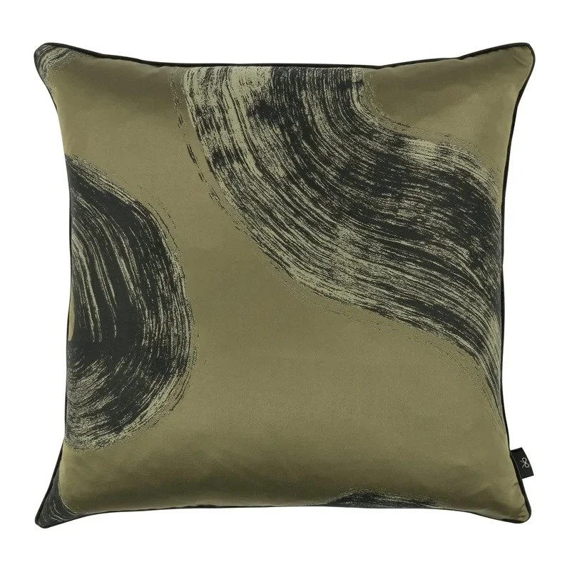 Tsauri cushion by Black Edition in Wakame, charcoal brushstrokes on olive green