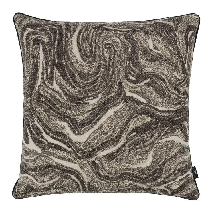 Ondeto corded embroidery cushion by Black Edition in Anthracite, charcoal and grey marbled swirls