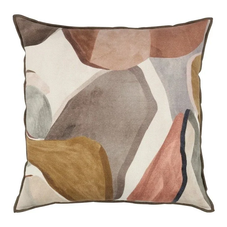 Figura printed linen cushion by Black Edition in Mehndi, terracotta pink, rose and grey shapes
