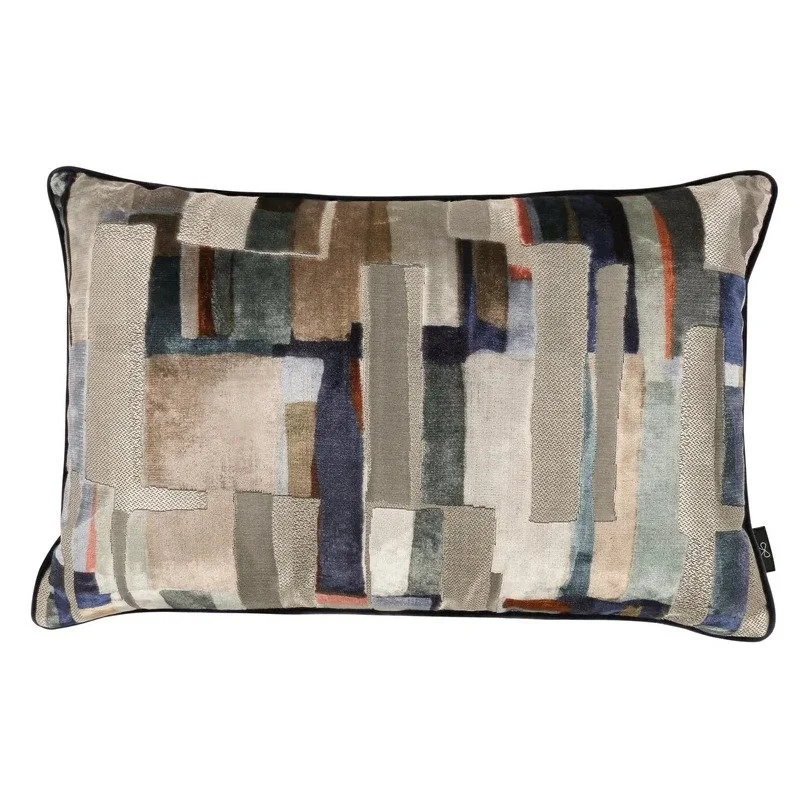 Quadrata cushion by Black Edition in Lazurite, indigo, teal and stone blocks on velvet