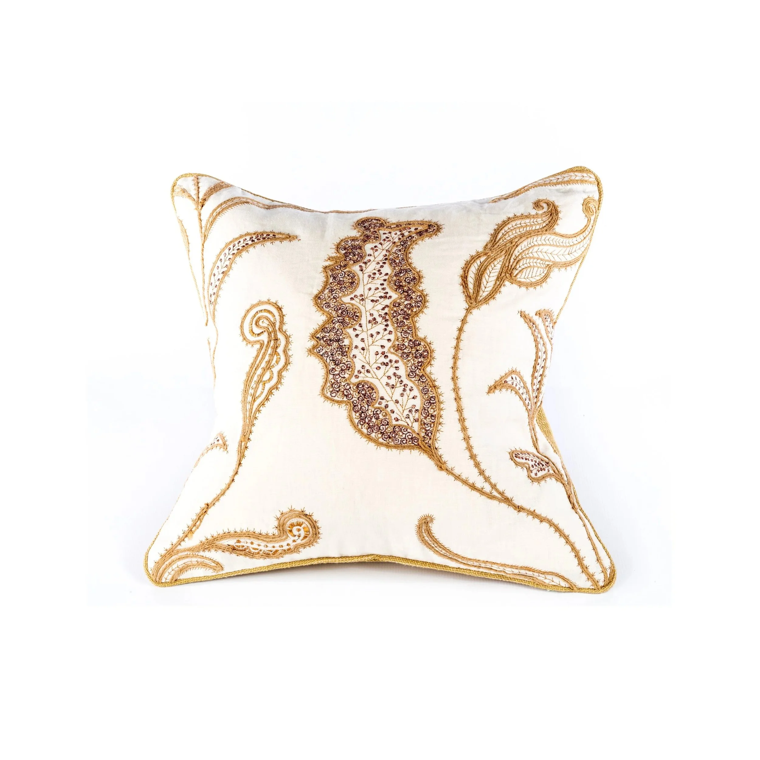 Cactus Paisley embroidered cushion by Neisha Crosland, gold and bronze paisley on cream linen