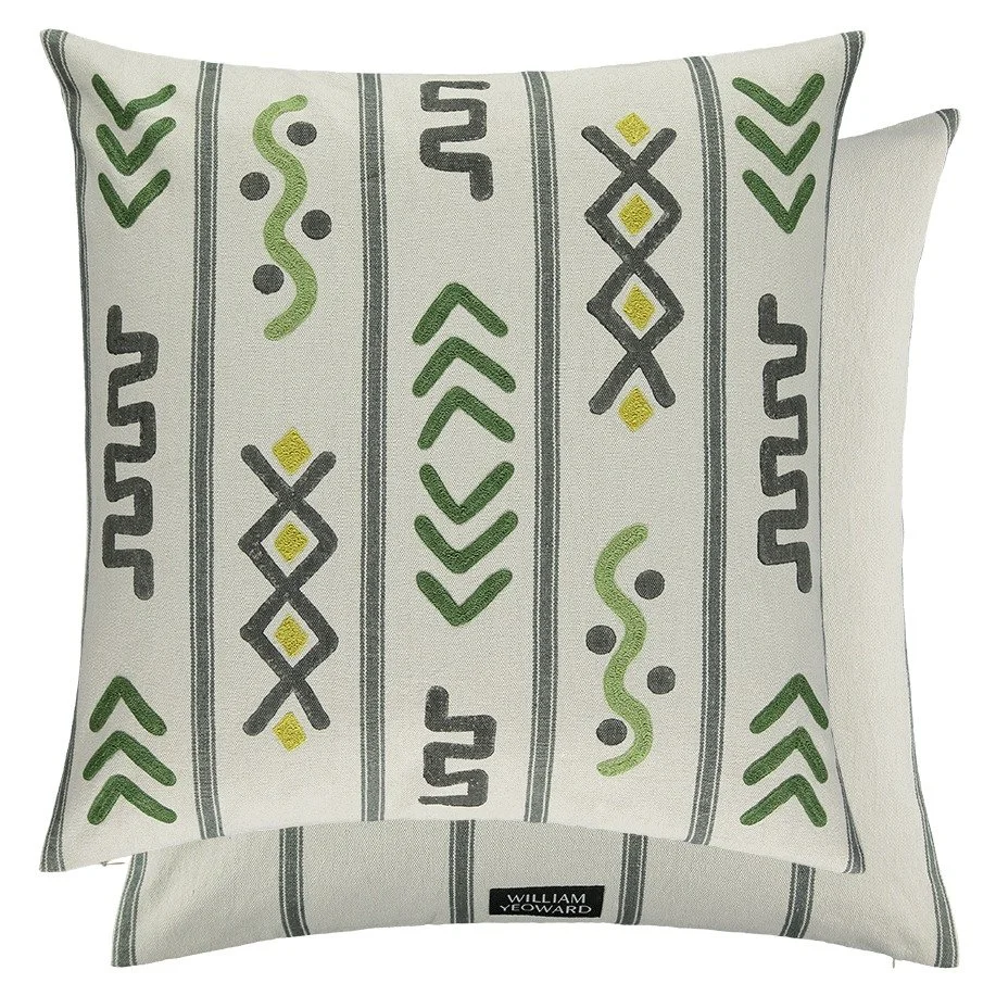 Nasca cushion by William Yeoward in Sage, green and charcoal embroidered motifs on off-white