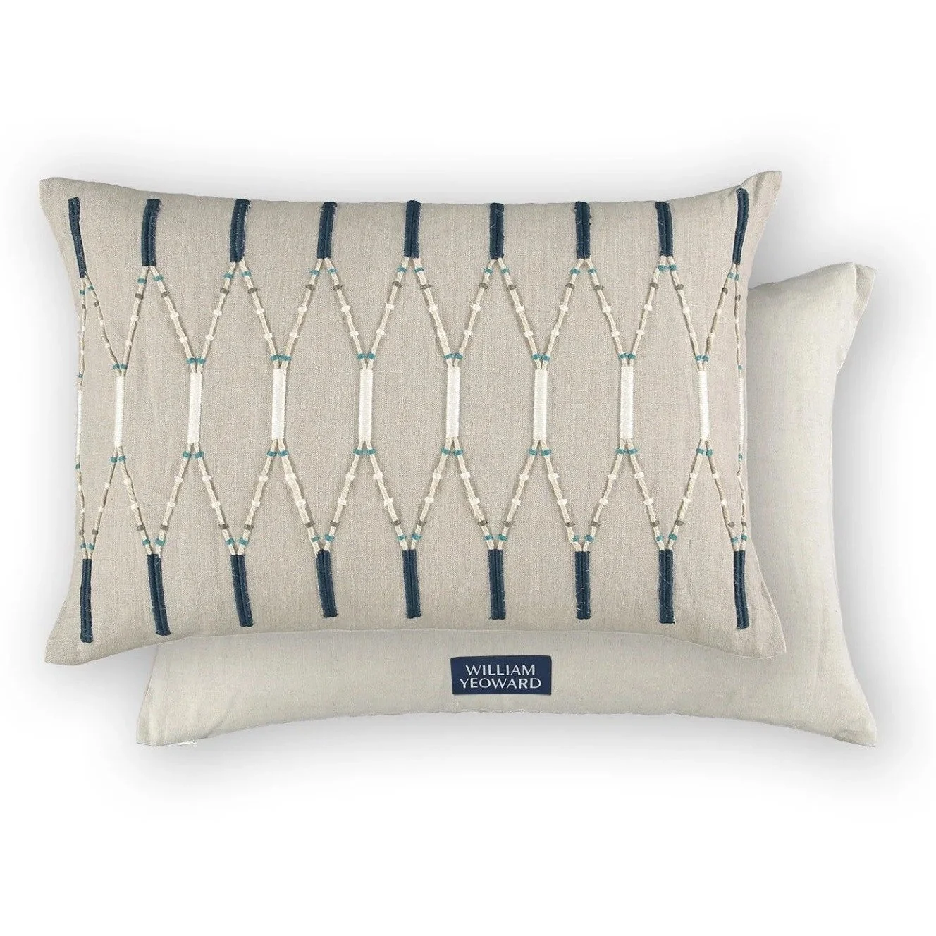 Lima cushion by William Yeoward in Indigo, ivory stitched lattice with navy bars on oatmeal linen