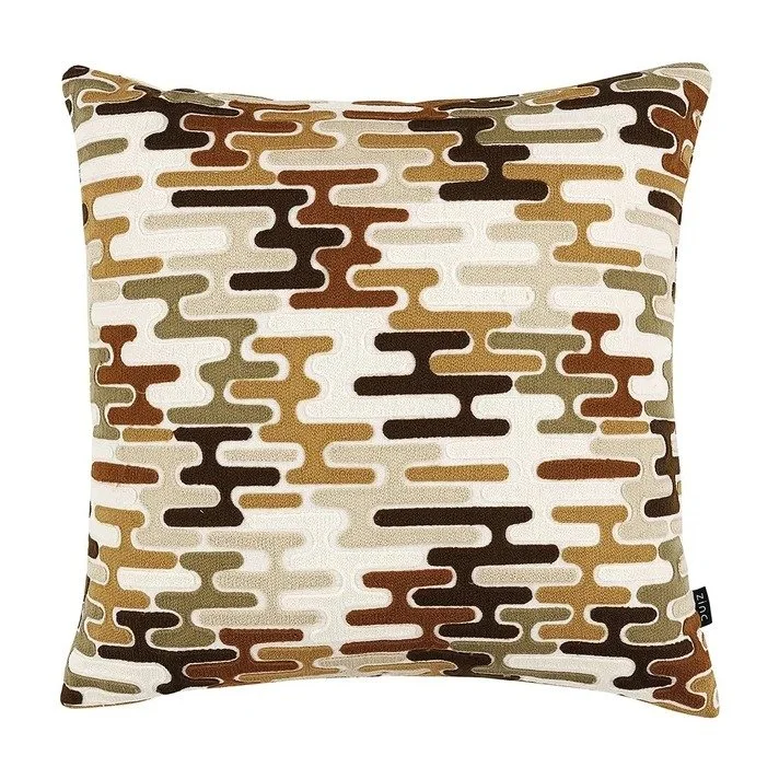 Baldessari crewel embroidered cushion by Zinc Textile in Tobacco, rust, tan and chocolate jigsaw shapes
