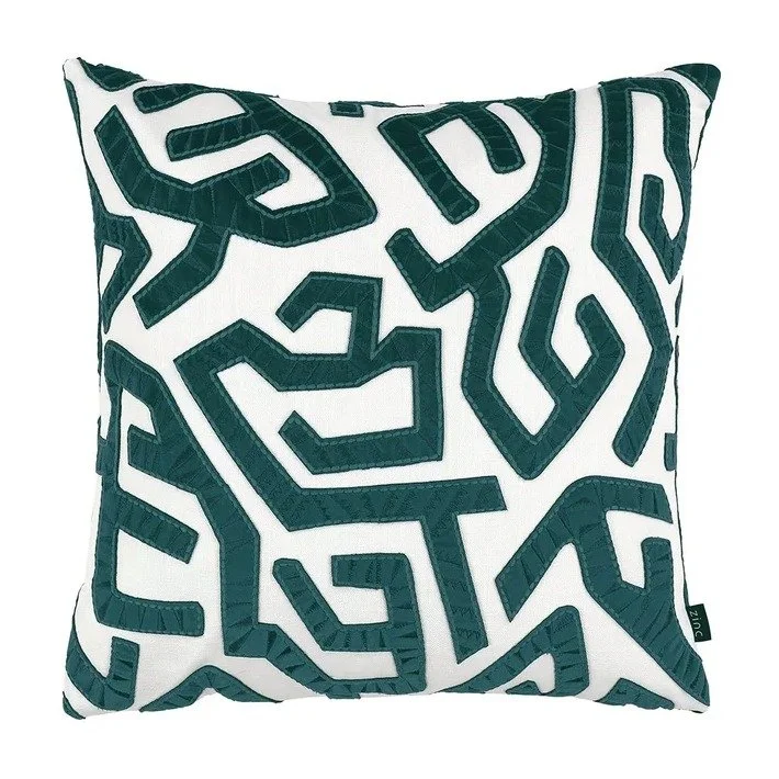 Arp cushion by Zinc Textile in Cerulean, deep teal velvet maze appliquéd on pale linen