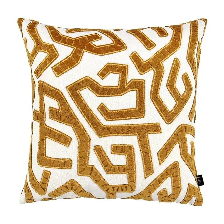 Arp cushion by Zinc Textile in Ochre, mustard velvet maze appliquéd on off-white linen