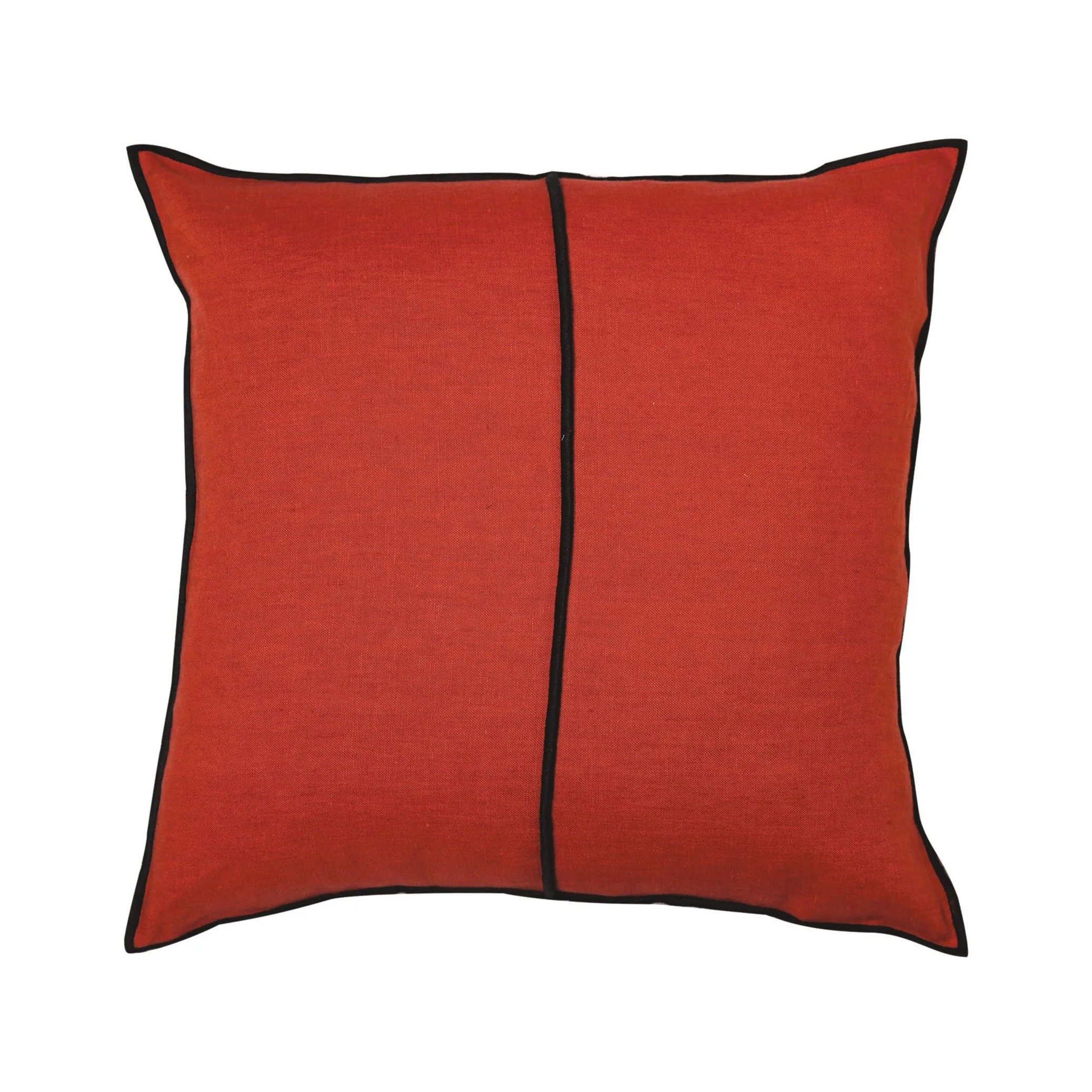 Maison Casamance Linen Orange sanguine cushion, 45 × 45 cm square, front view with black bourdon stitch
