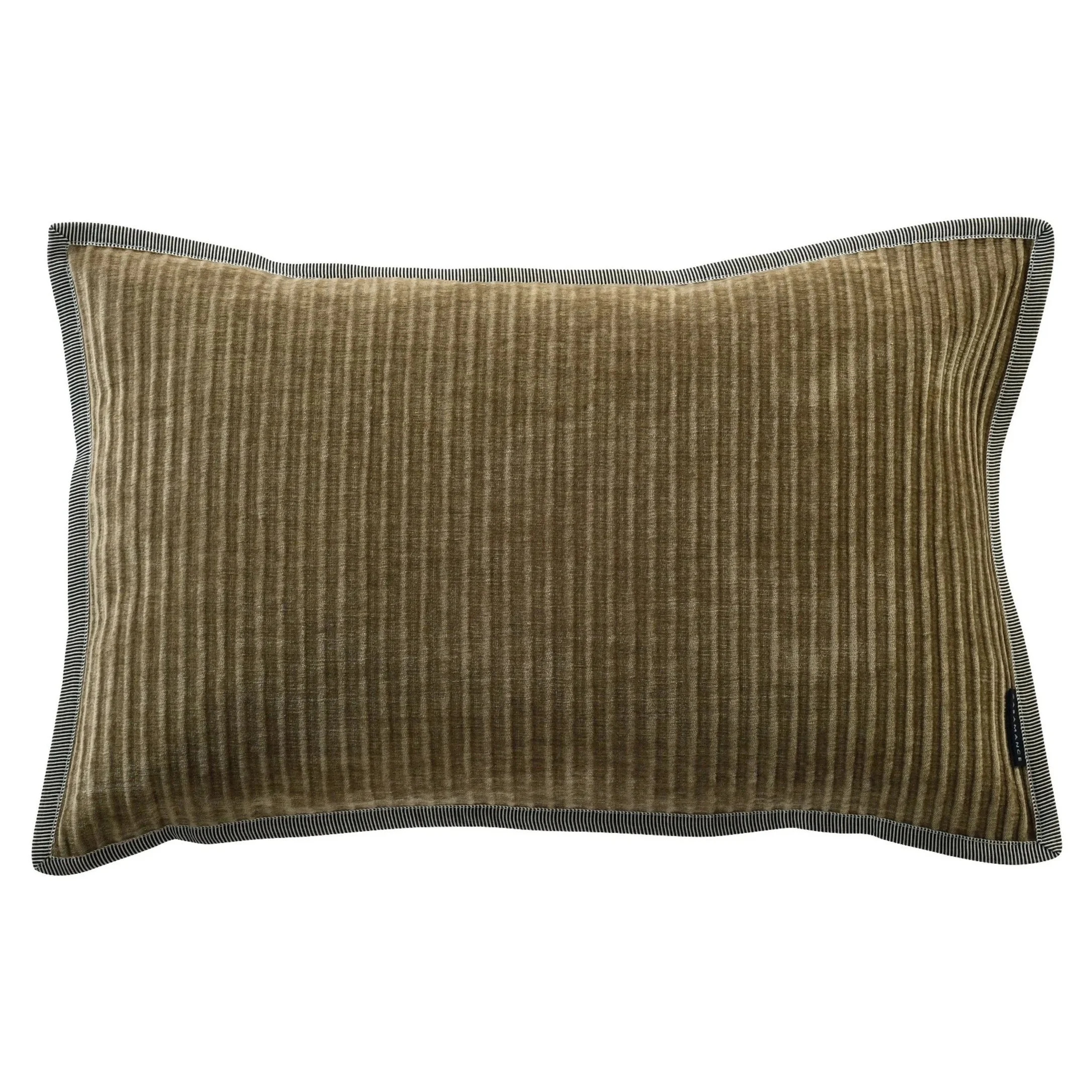Maison Casamance Opulence ribbed velvet cushion in Kaki, 40 × 60 cm rectangle, front view with braided edge