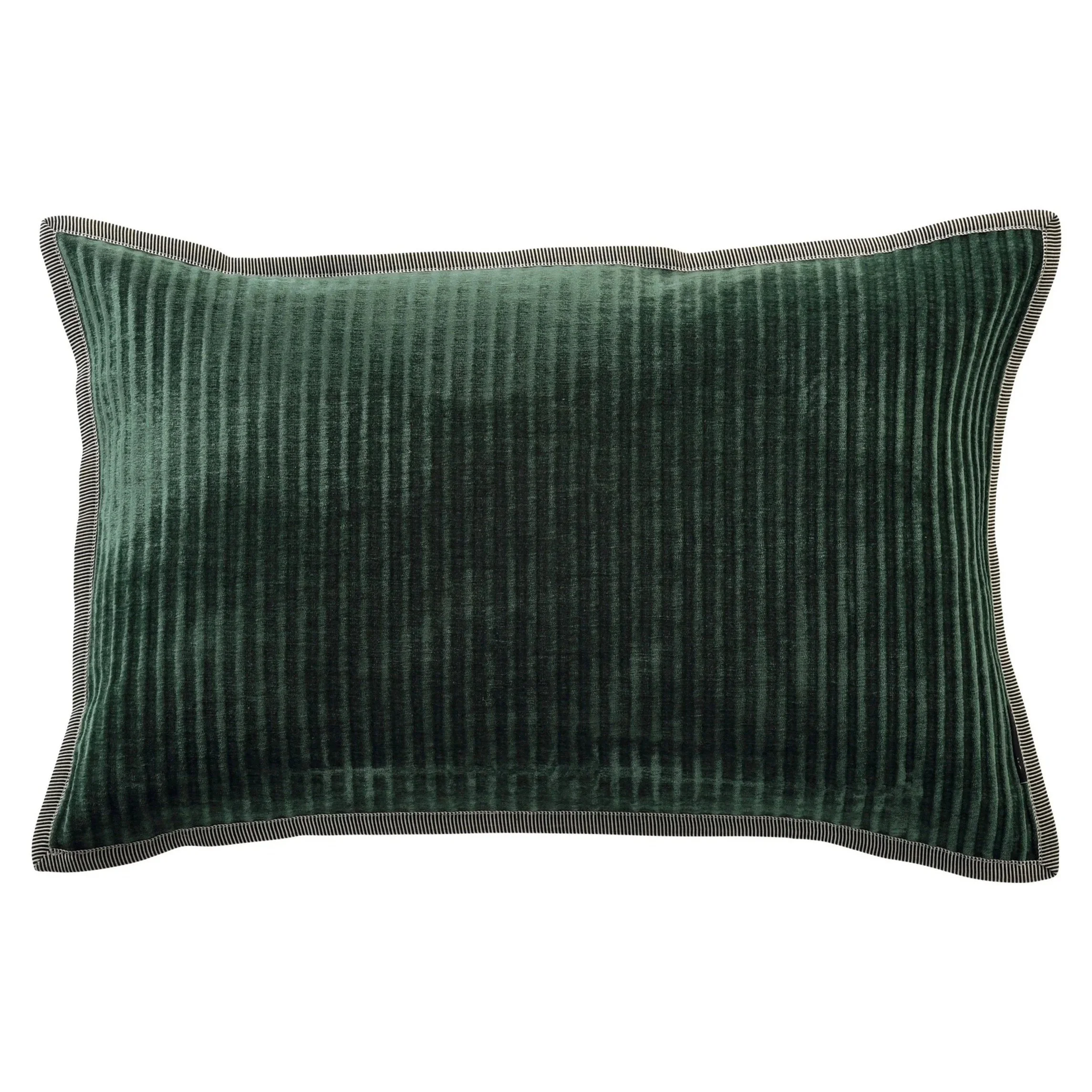 Maison Casamance Opulence ribbed velvet cushion in Emeraude, 40 × 60 cm rectangle, front view with braided edge