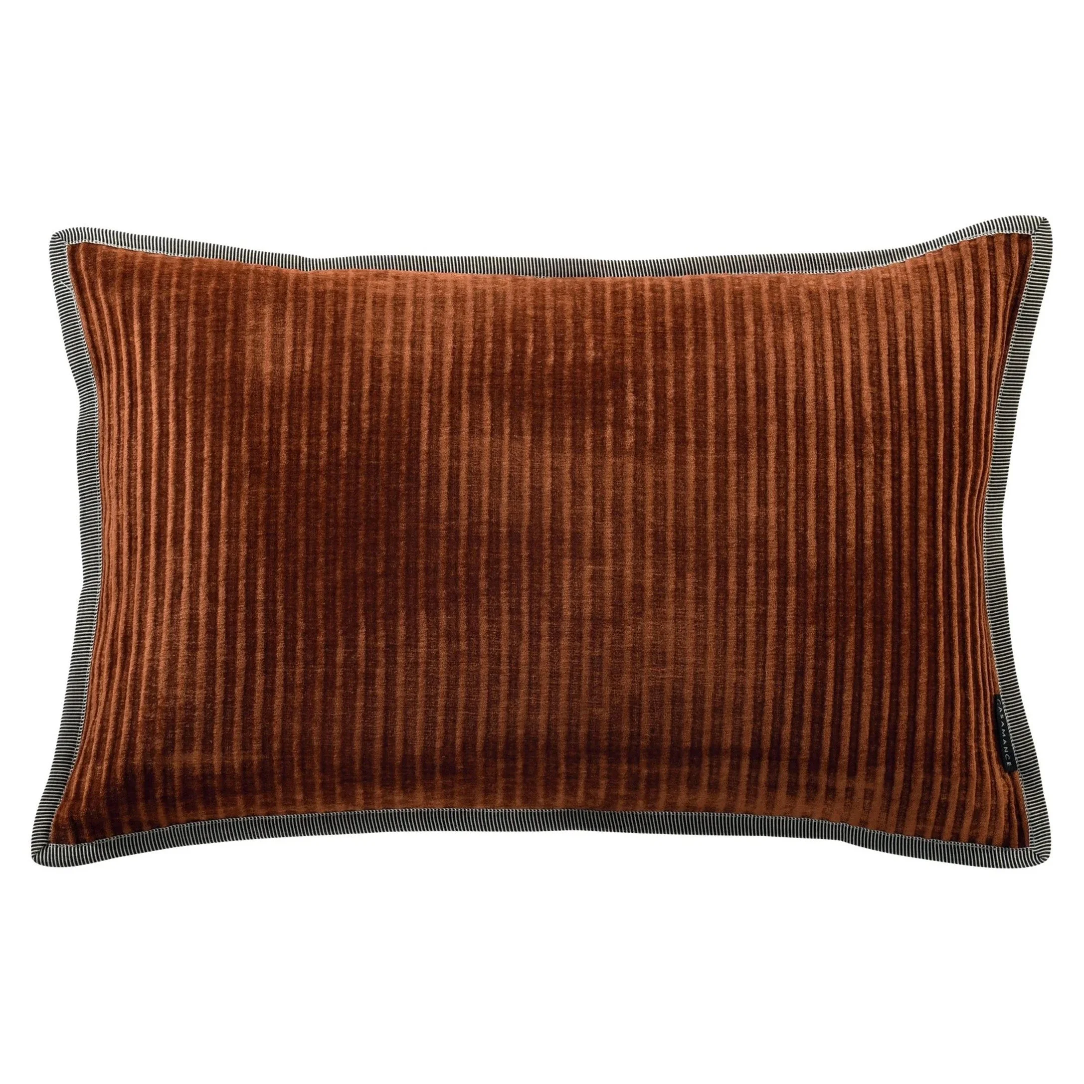 Maison Casamance Opulence ribbed velvet cushion in Terre de Sienne, 40 × 60 cm rectangle, front view with braided edge