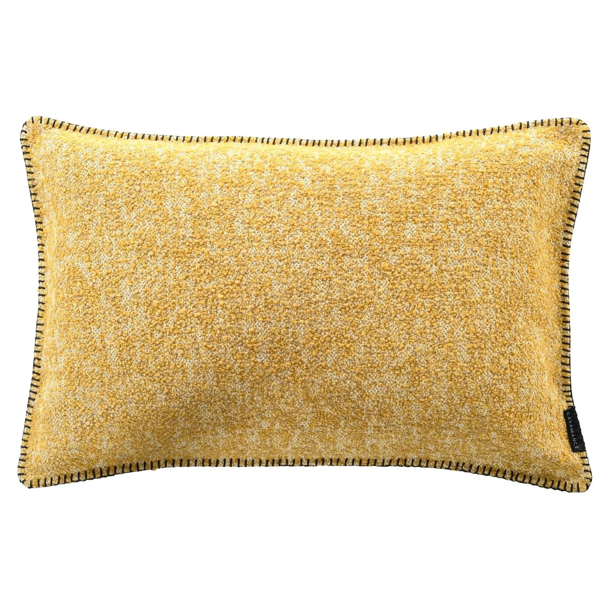 Maison Casamance Lierna bouclé cushion in Moutarde Sable, 40 × 60 cm rectangle, front view with blanket stitch edge