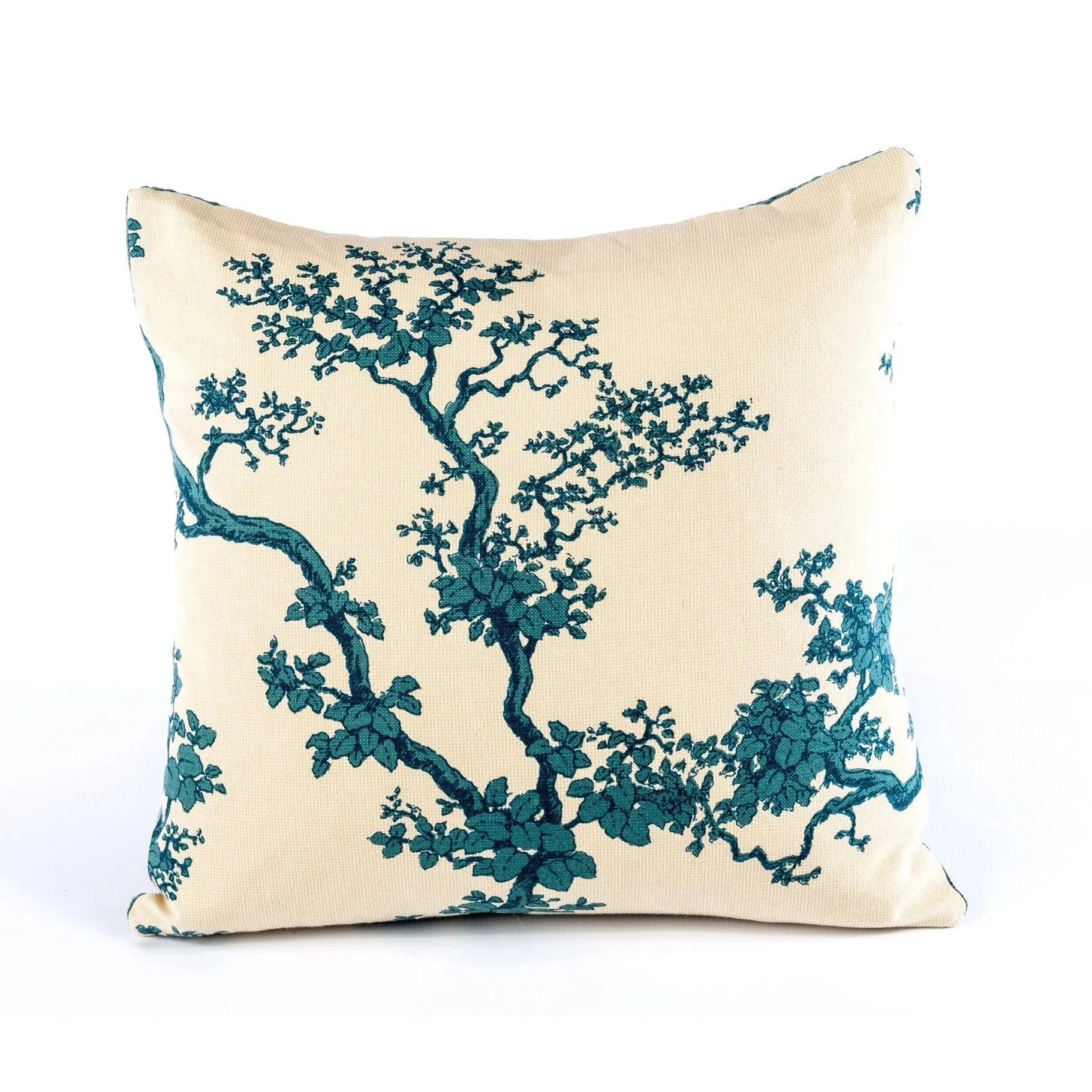 Florence Broadhurst The Cranes square cushion, teal blossom tree print on biscuit hopsack