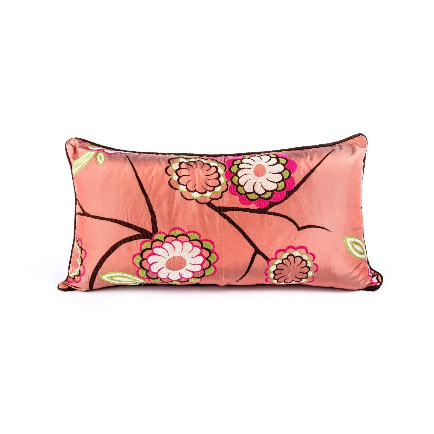 Neisha Crosland Birdtree embroidered cushion on dusty rose silk taffeta