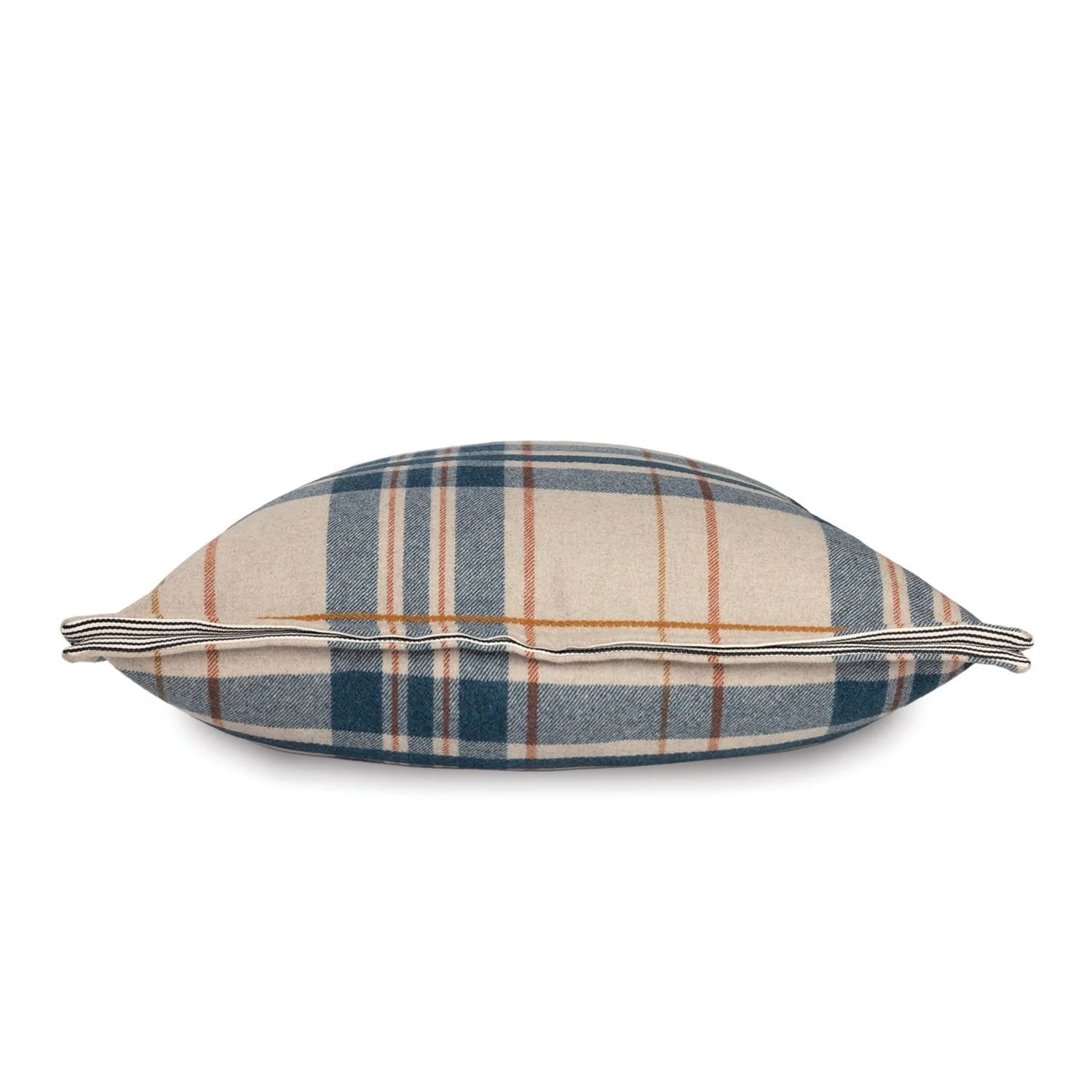 Maison Casamance Highland Bleu check cushion, side view showing the braided edge