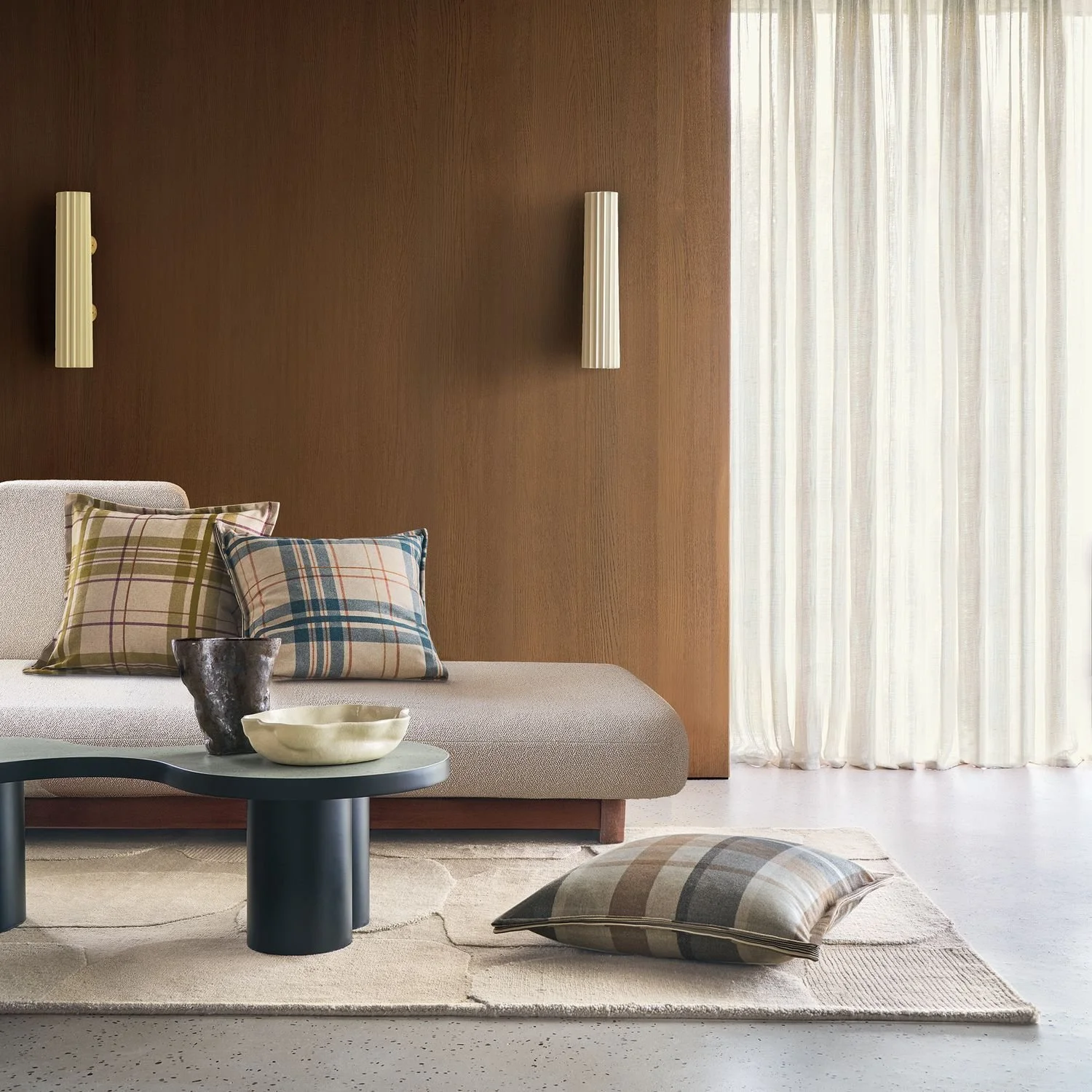 Maison Casamance Vanoise Beige cushion in a room setting, wider view