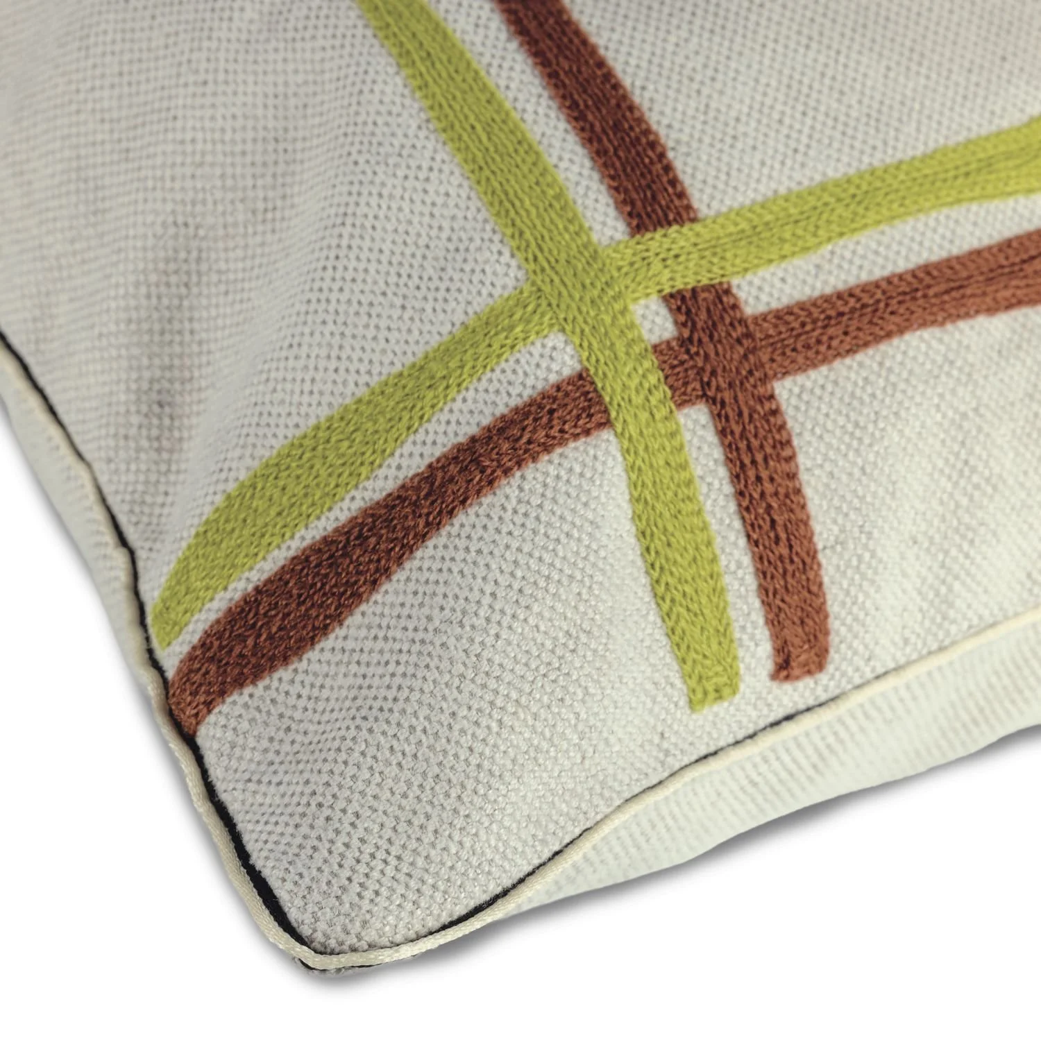 Maison Casamance Oban Bleu Aubergine cushion, close up of the edge and fabric