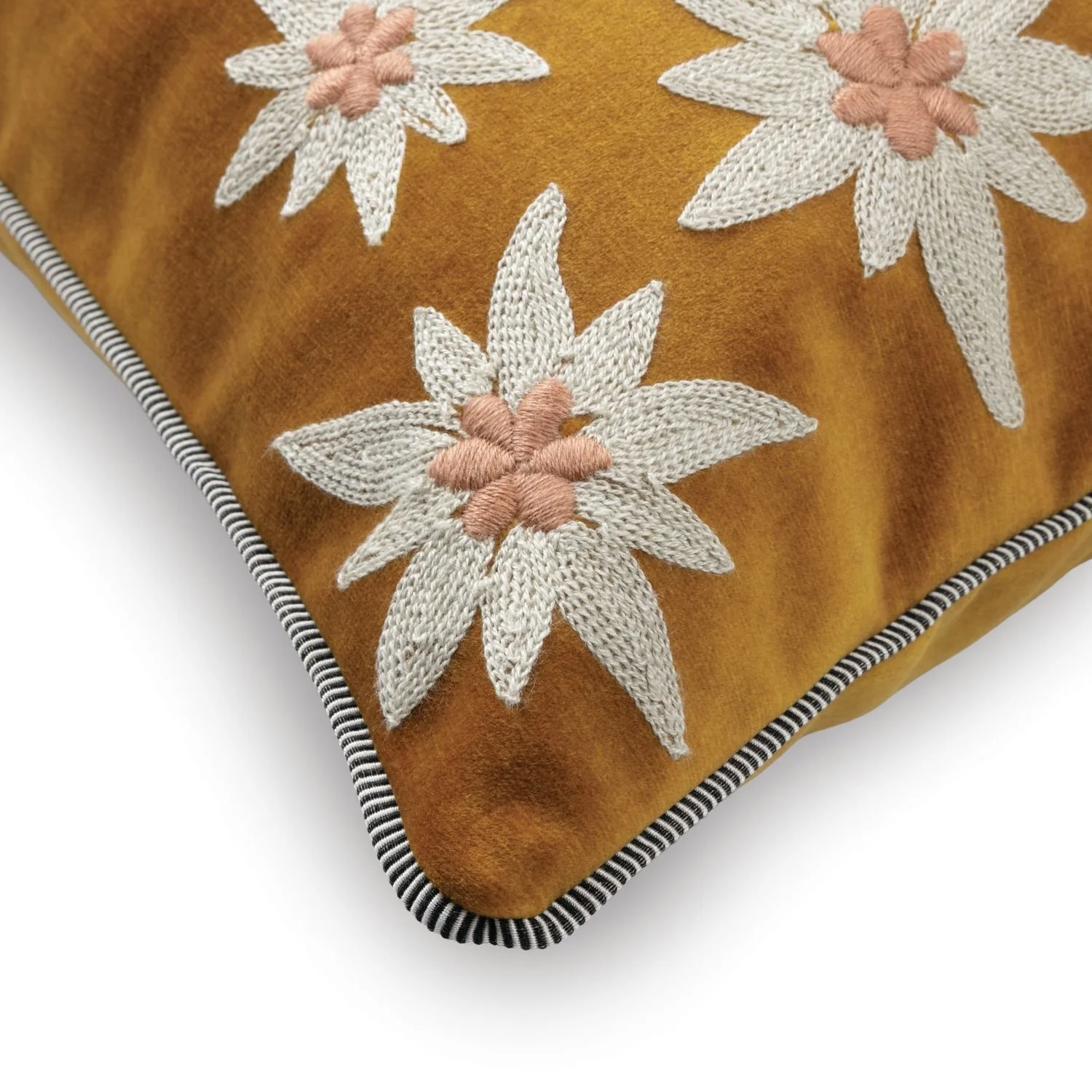 Maison Casamance Ness Jaune Or bolster cushion, close up of the edge and fabric