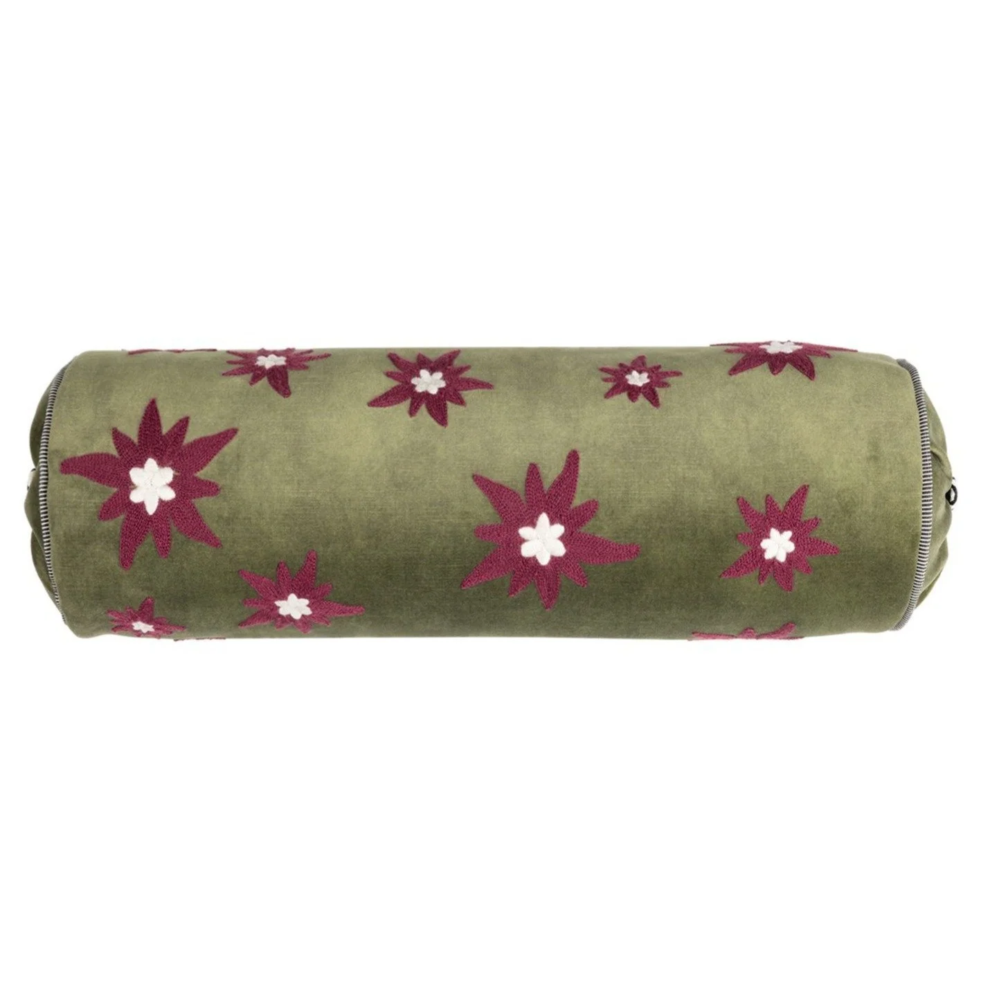 Maison Casamance Ness Vert Olive bolster cushion, 50 × 16 cm, front view