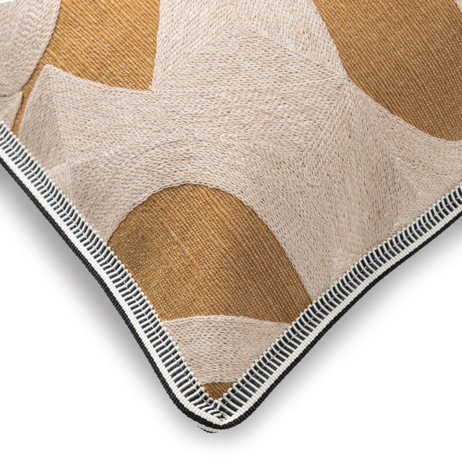 Maison Casamance Mainland Ocre cushion, close up of the edge and fabric