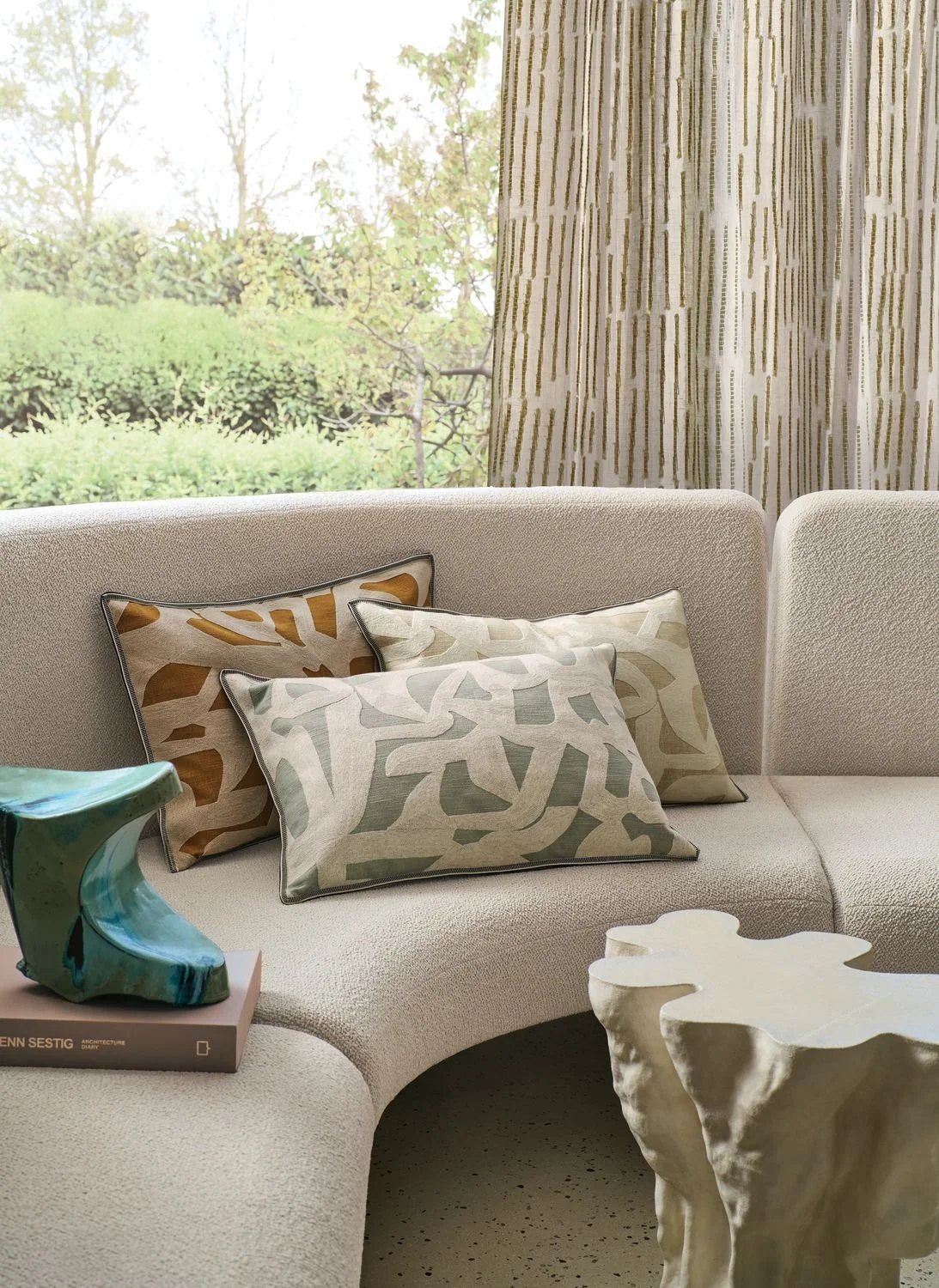 Maison Casamance Mainland Celadon cushion in a room setting