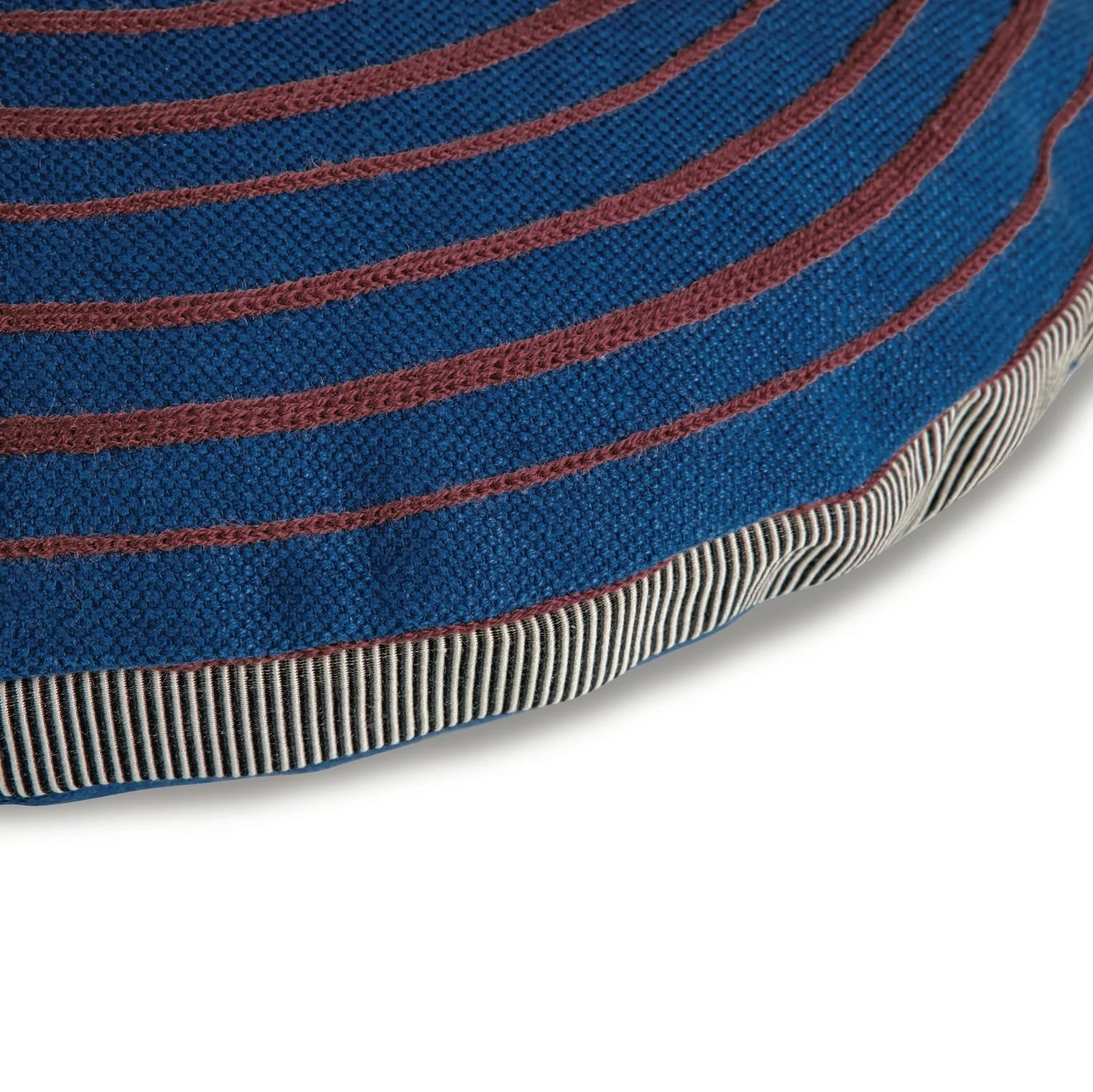 Maison Casamance Mellow Bleu Cobalt round cushion, close up of the edge and fabric