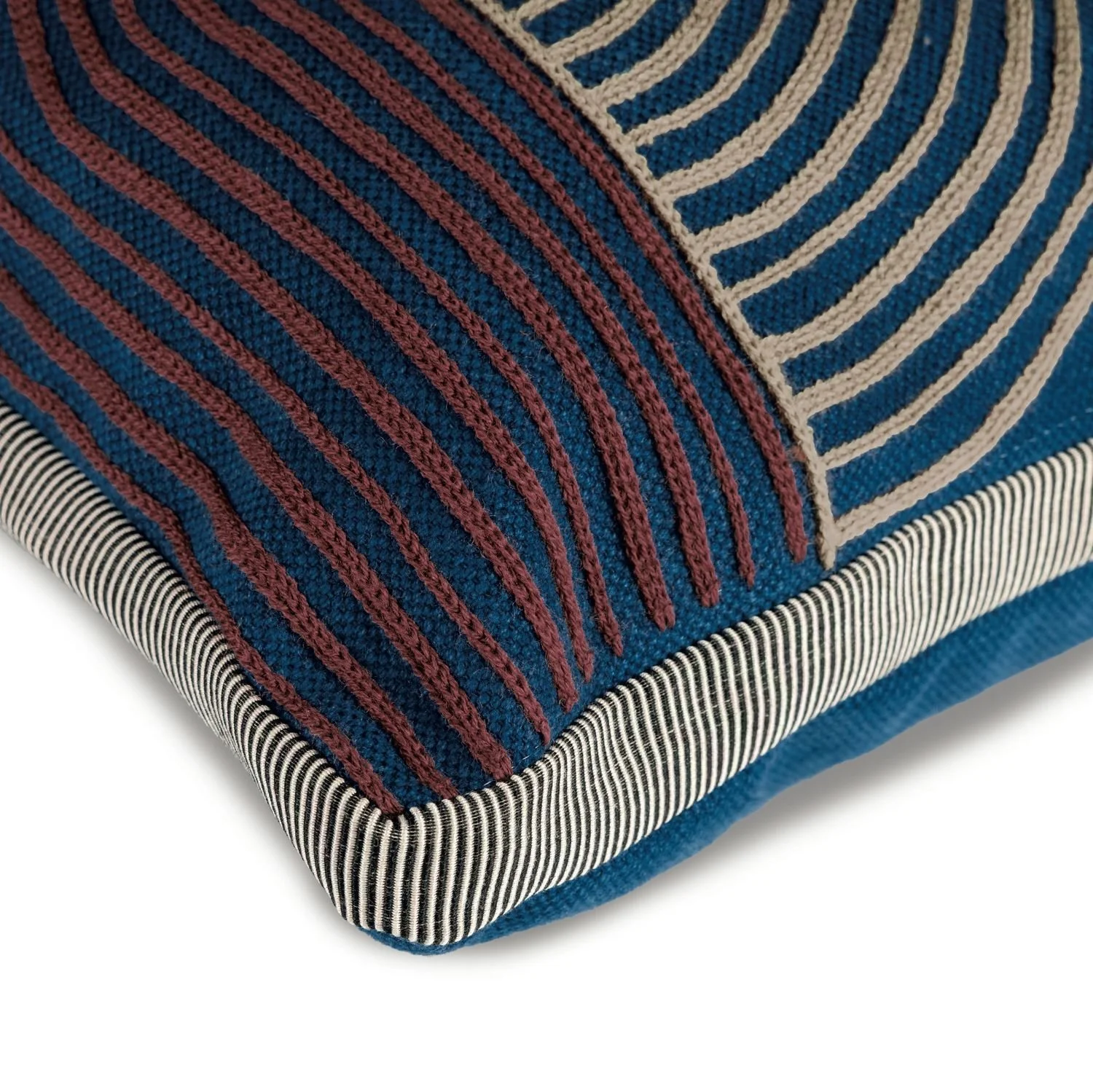 Maison Casamance Mellow Bleu Cobalt cushion, close up of the edge and fabric
