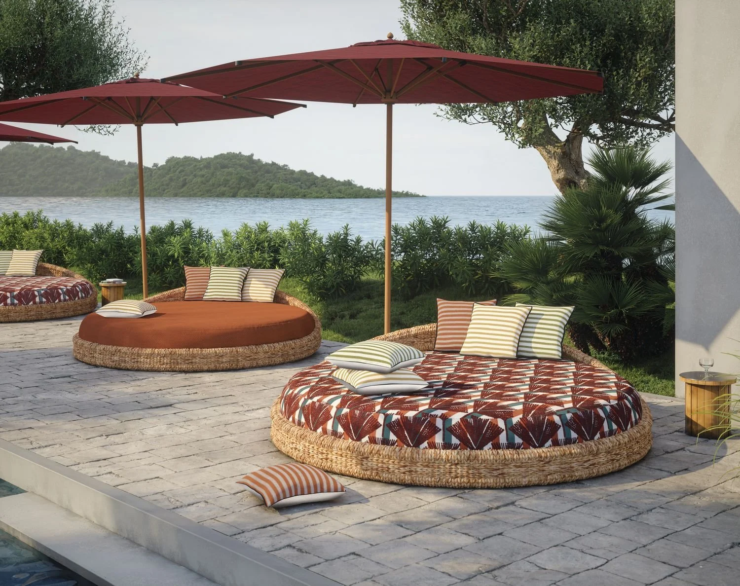Maison Casamance Levadas Ocre outdoor cushion in a room setting